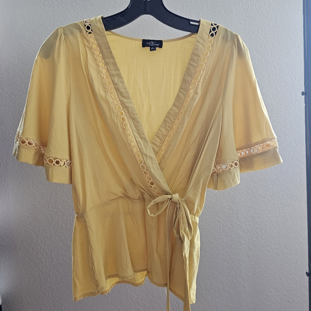 Yellow Flutter Sleeve Wrap Blouse with Tie Front